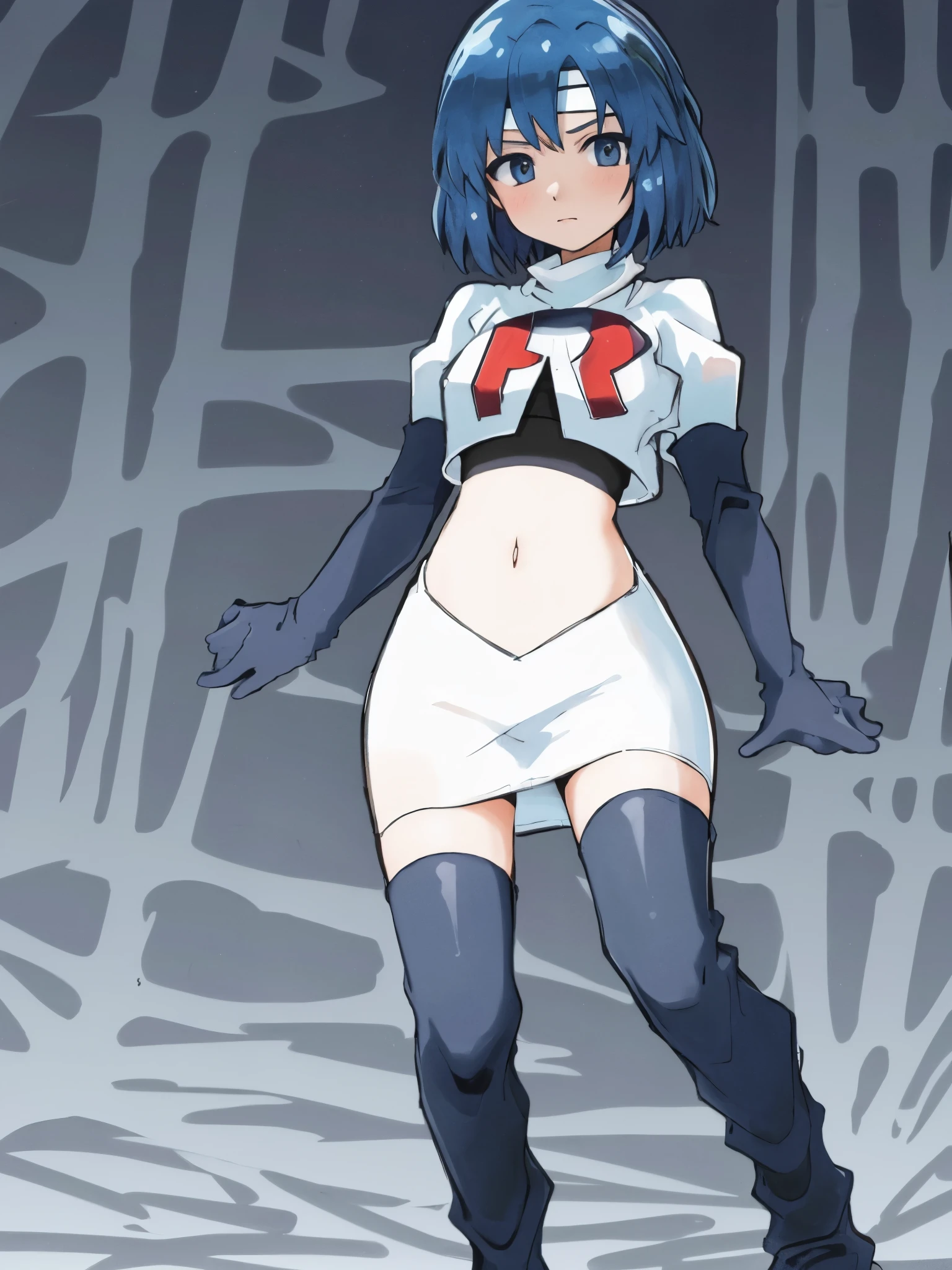 catria_echoes, 1girl, solo, short hair, zettai ryouiki, headband, team rocket,team rocket uniform, red letter R, white skirt,white crop top,black thigh-highs,black elbow gloves,