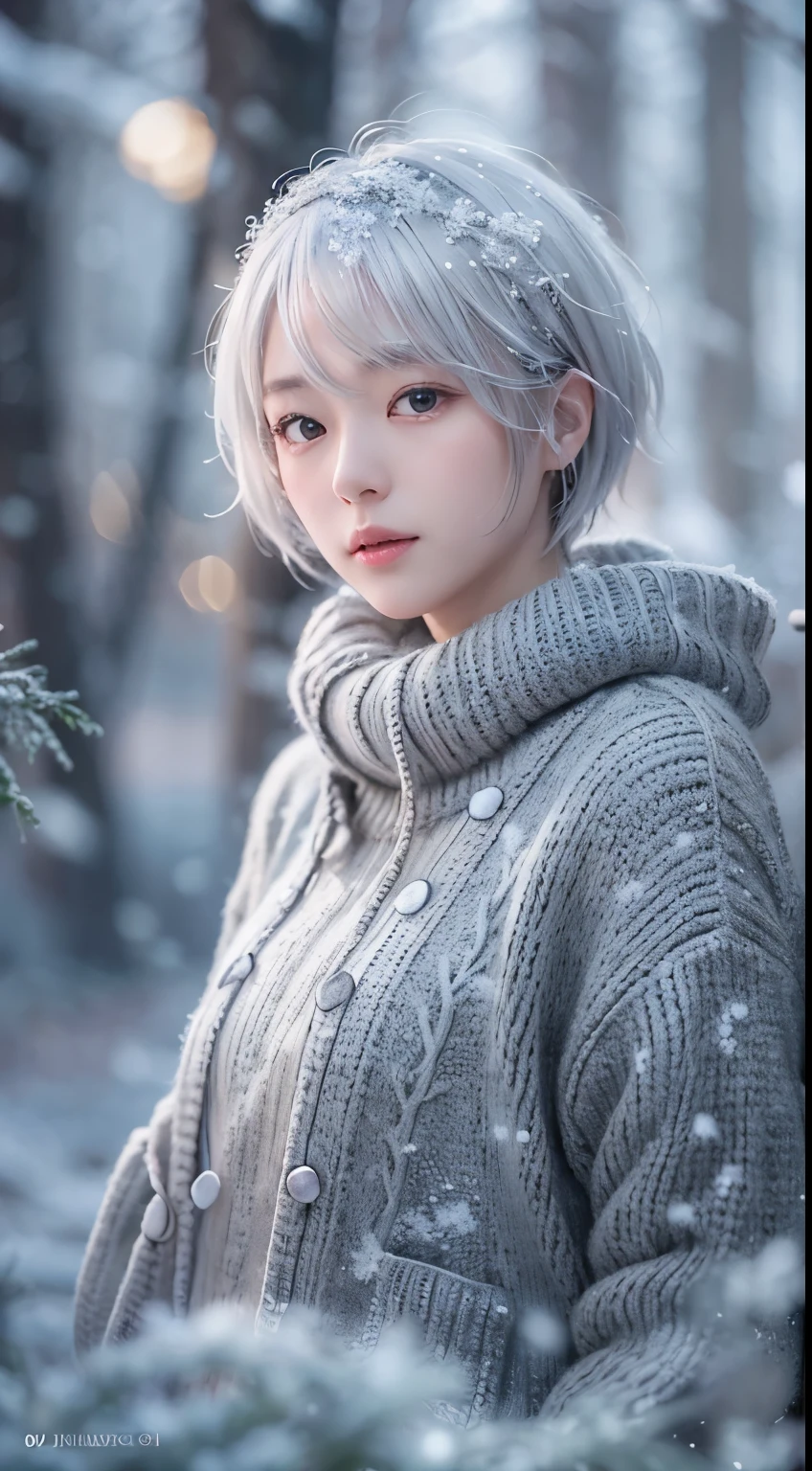 A woman with white hair and a gray sweater in the snow - SeaArt AI
