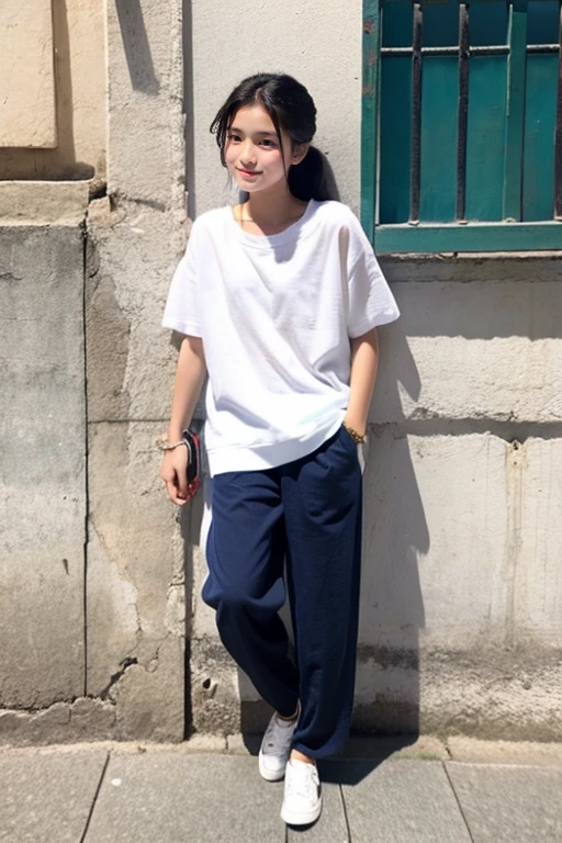Beautiful girl wearing white summer knit、japanes、terraces、sixteen years old、Spinning、half-pants、A dark-haired、looks to the side、