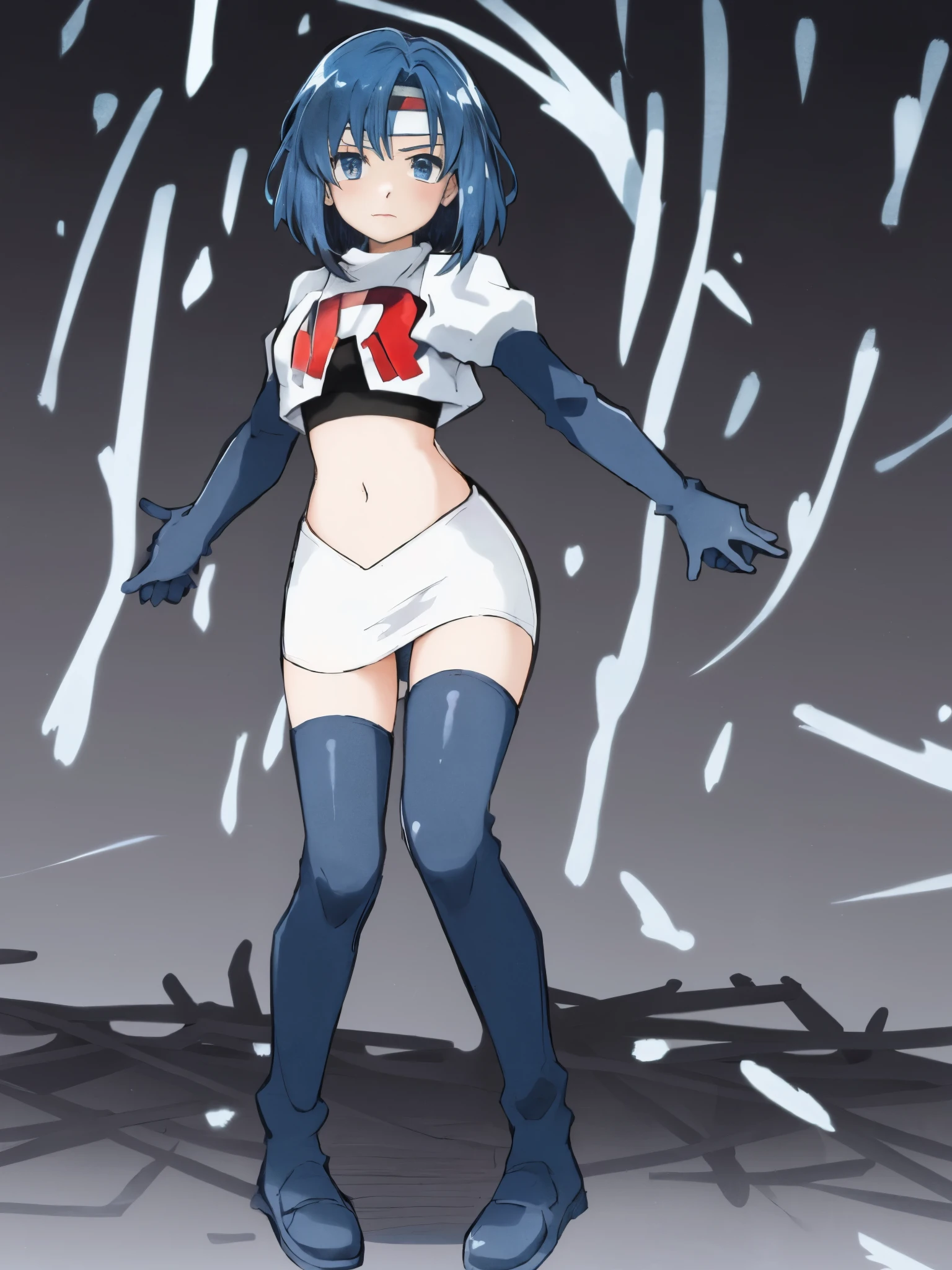 catria_echoes, 1girl, solo, short hair, zettai ryouiki, headband, team rocket,team rocket uniform, red letter R, white skirt,white crop top,black thigh-highs,black elbow gloves,