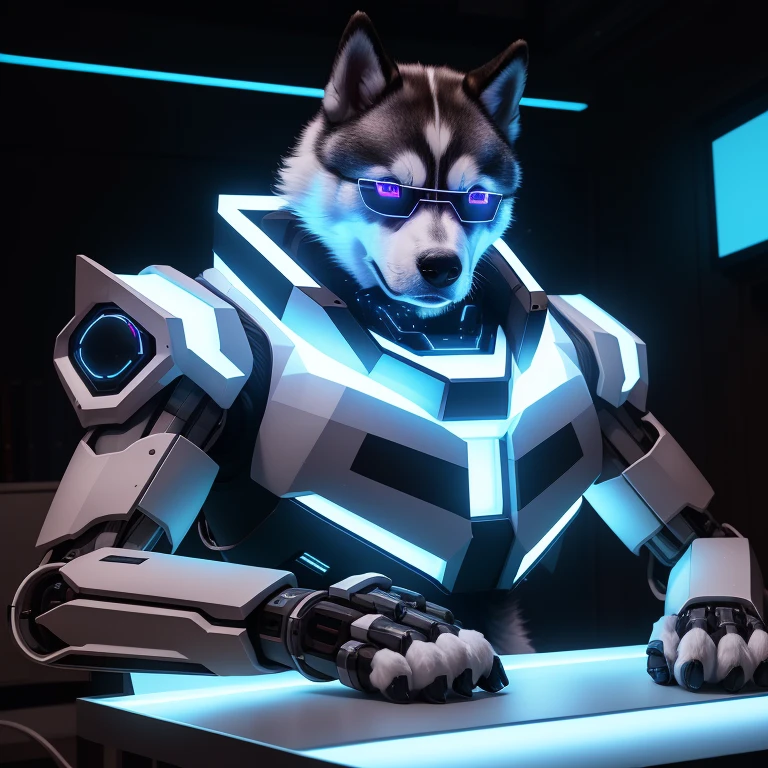 (awesome scene) husky dog wearing cybernetic led shades white furr a table as if he were on a camera podcast positioned below the shoulder line and the boy with the mecha hand on the chin and background of a home office