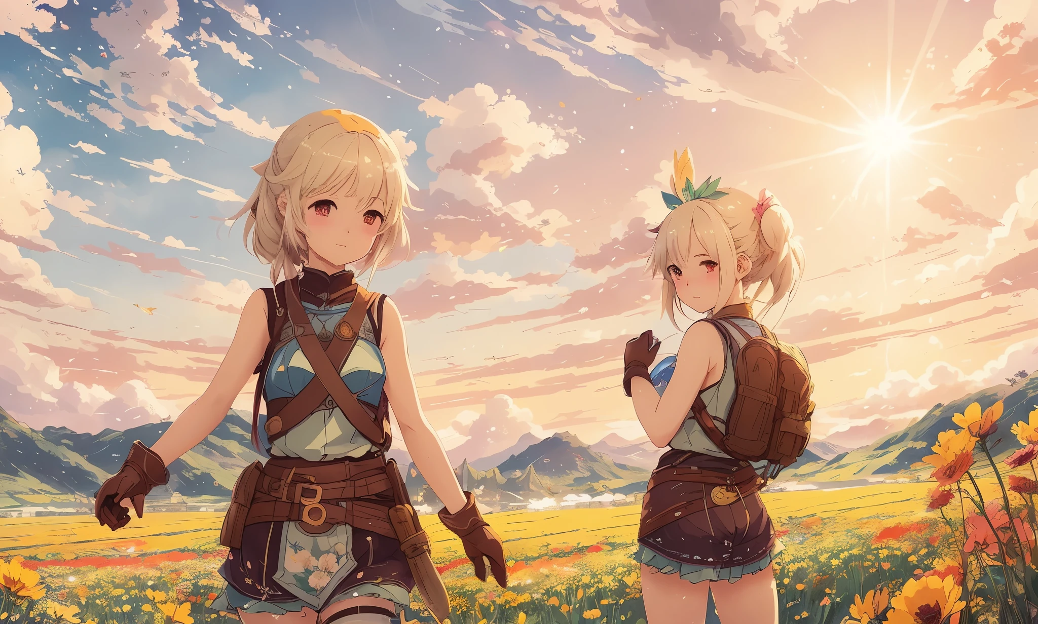 anime girls in a flower field with sky background, artwork in the style of Guweiz, 2. 5 d cgi anime fantasia arte, Guweiz on artstation pixiv, Guweiz, Guweiz on pixiv artstation, Lalafell, Wlop e Sakimichan, Bela Sci - Fi-twins, Loli