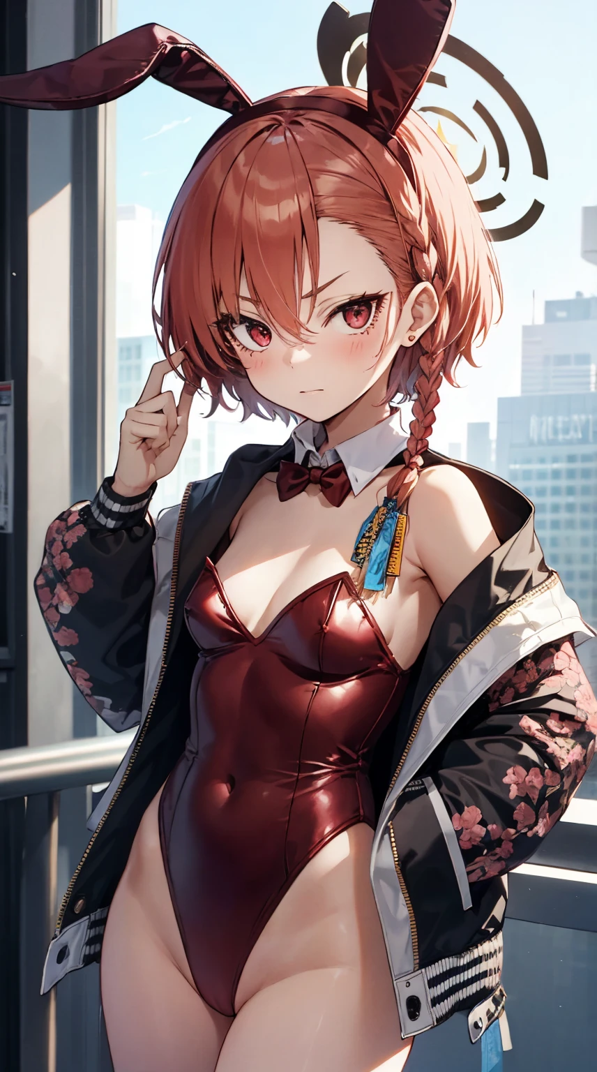 1girl in, Solo, face to the viewer, Looking at Viewer, Upper body, Neru Mikamo, Halo, Short hair, Single braid, printed jacket, bunny, Rabbit ears, Red Leotard, Detached collar, Red bow, high-heels,Dynamic poses
