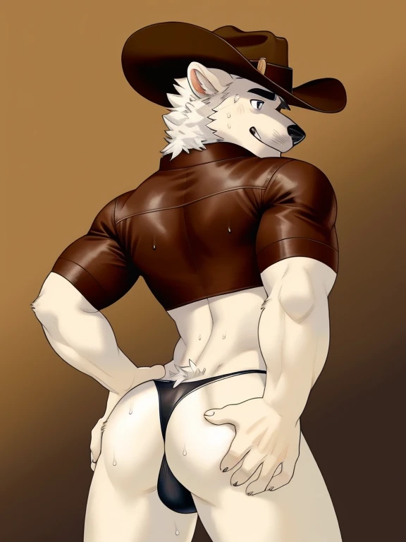 cowboy, man, naked, male, naked cowboy with cowboy hat, white fur, leather thong, slim body, sweating, pubes, bending over showing ass