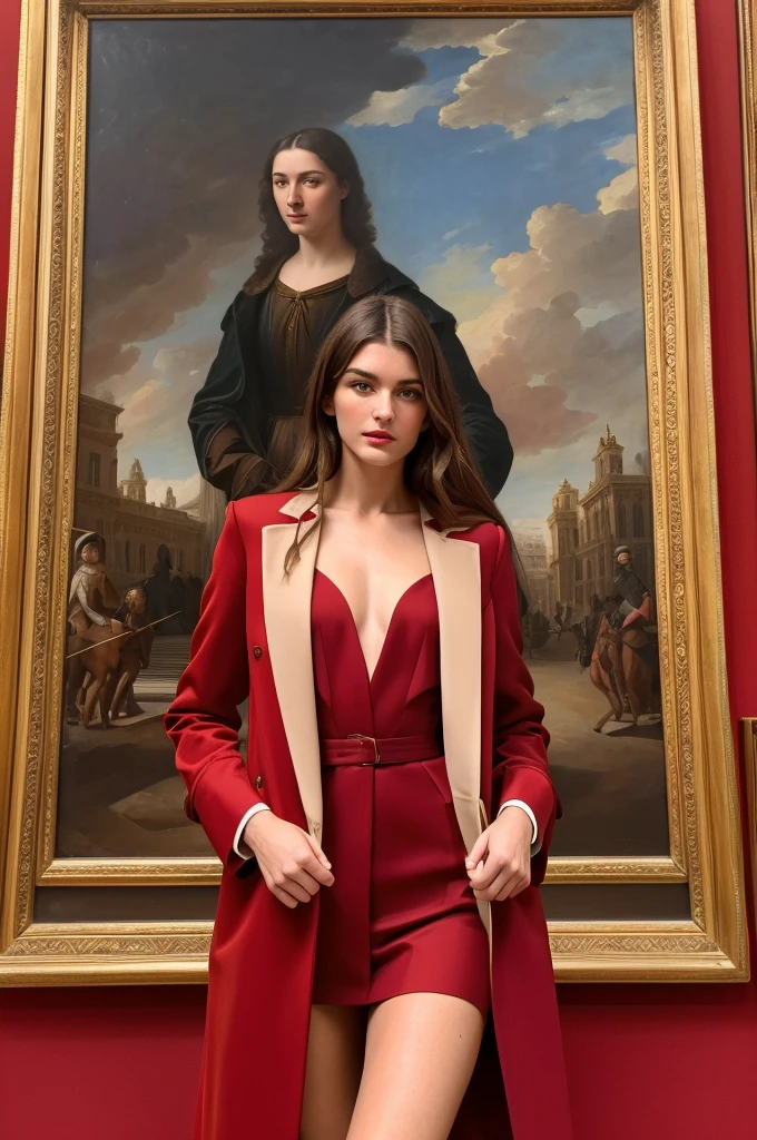 victoria pedretti is visiting the Prado Museum in Madrid, Spain, she is in a special room in red tones, in front of some valuable paintings and lit by a dim yellowish light, She is opening the elegant beige overcoat she is wearing, showing the sensual outfit she is wearing underneath, looking surprised, red lips, blue eyes, sensual pose