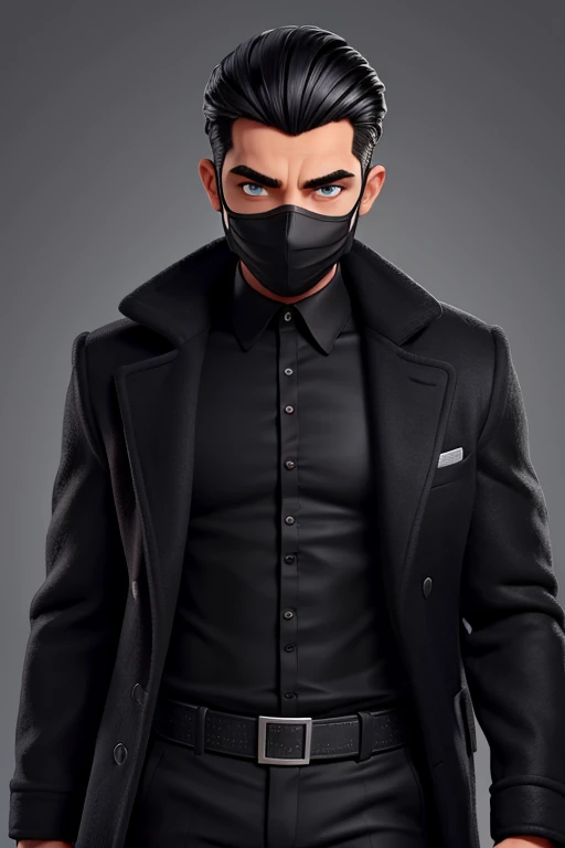 homem, com cabelo cacheado preto, olhos pretos, vestindo terno, luva preta, black mask and black coat on the shoulders