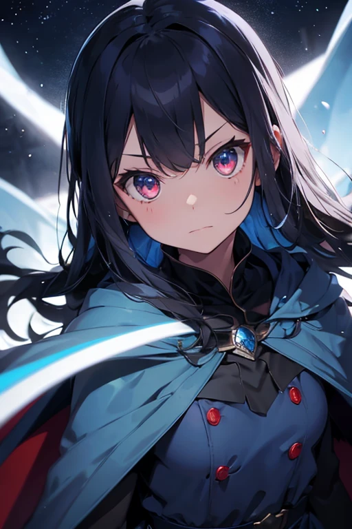 blue wizard dress, blue cape, serious, red glowing eyes, long black hair, dark aura