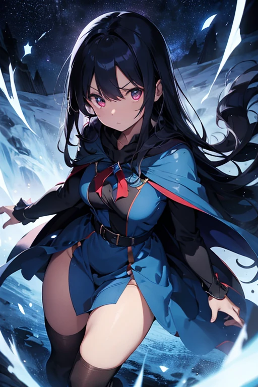 blue wizard dress, blue cape, serious, red glowing eyes, long black hair, dark aura