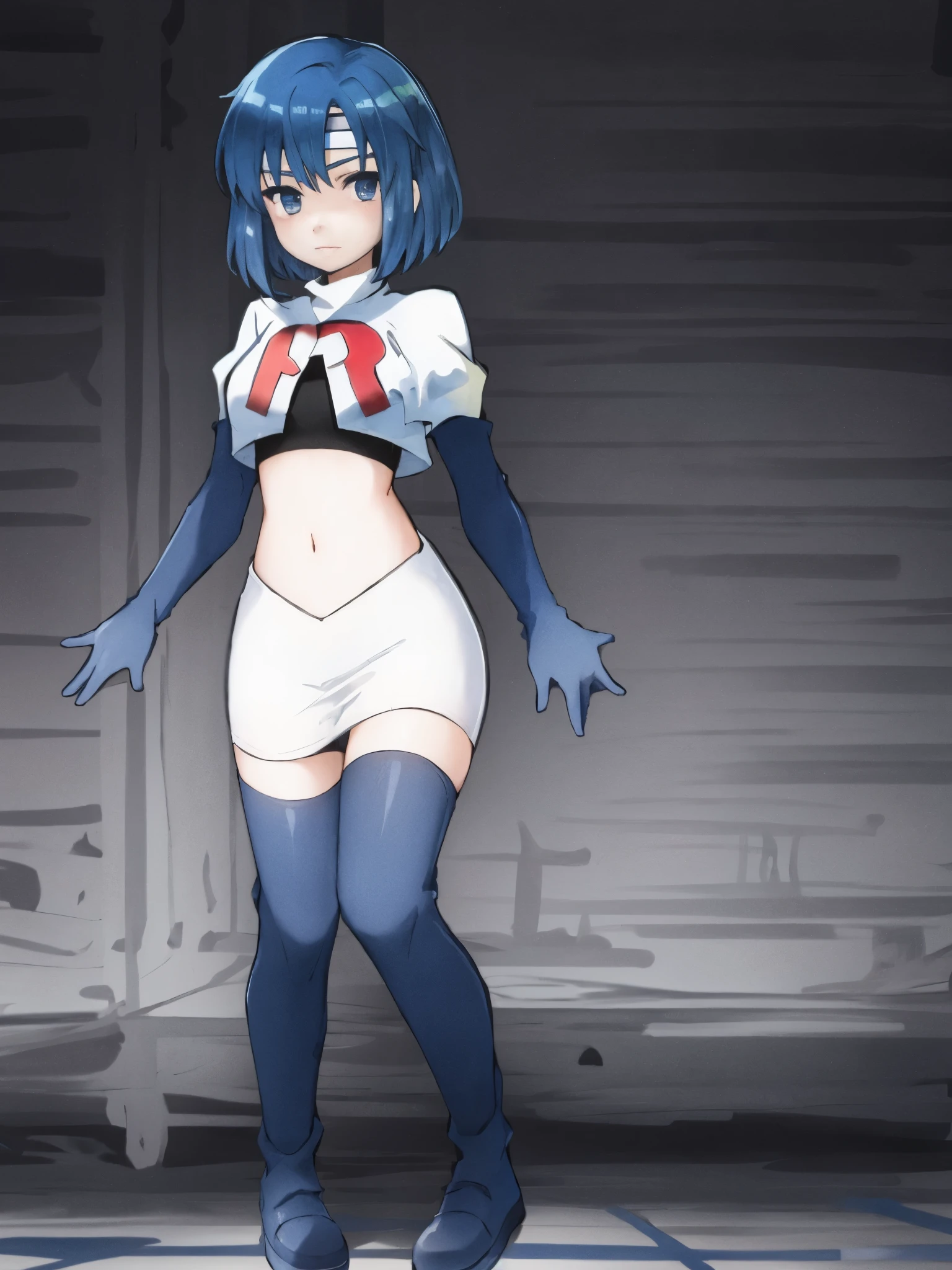catria_echoes, 1girl, solo, short hair, zettai ryouiki, headband, team rocket,team rocket uniform, red letter R, white skirt,white crop top,black thigh-highs,black elbow gloves,