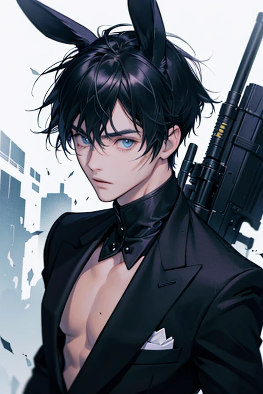 Close-up photo, anime man in a black suit, long singular scar on right cheek, messy black hair, right eye is a beautiful blue, left eye is bright yellow, black bunny ears.