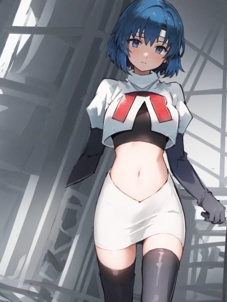 catria_echoes, 1girl, solo, short hair, zettai ryouiki, headband, team rocket,team rocket uniform, red letter R, white skirt,white crop top,black thigh-highs,black elbow gloves,