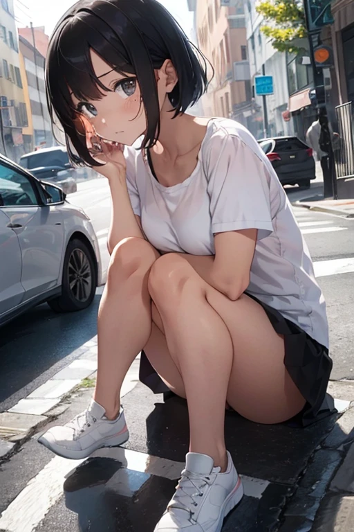 woman, white torn shirt, on the streets, sitting, crying, short black hair,