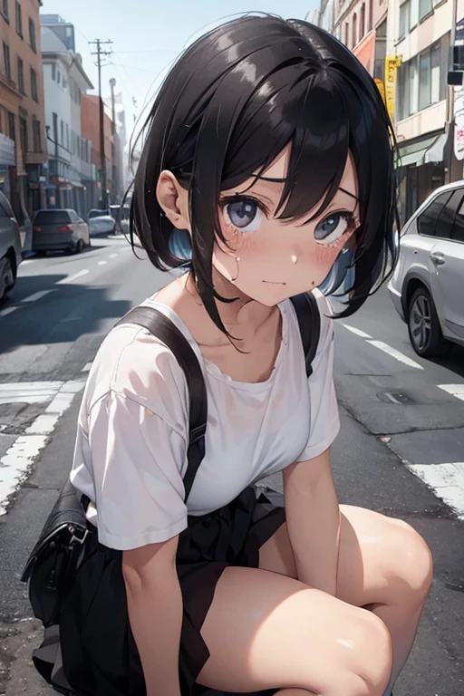 woman, white torn shirt, on the streets, sitting, crying, short black hair,
