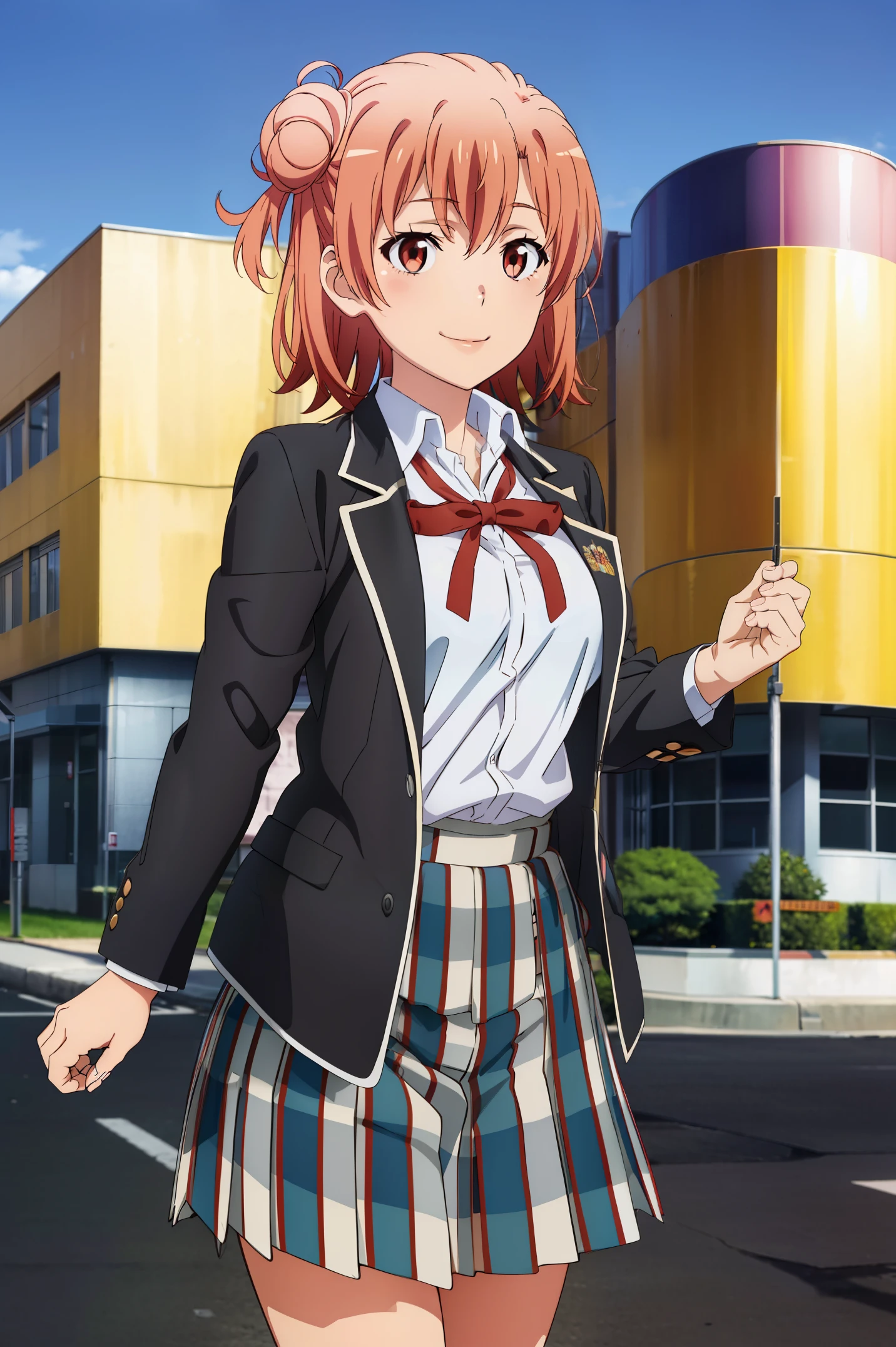 Best quality, masterpiece, highres, 1girl, Yuigahama yui, school uniform, Plaited skirt, short hair, red ribbon, white shirt, black jacket, big boobs, Standing, smile, school background