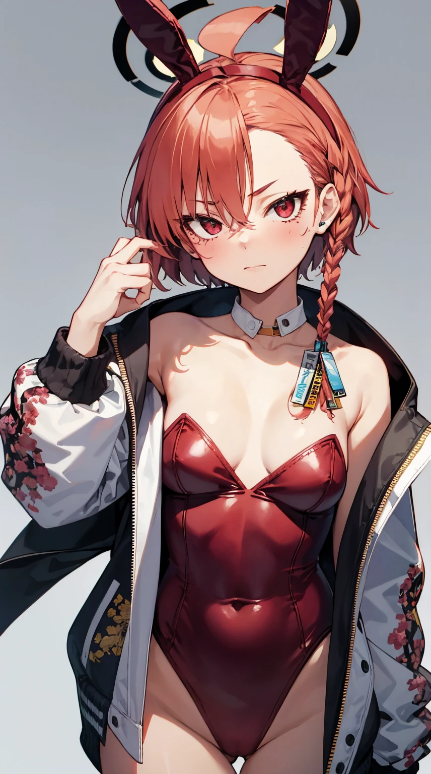 1girl in, Solo, face to the viewer, Looking at Viewer, Upper body, Neru Mikamo, Halo, Short hair, Single braid, printed jacket, bunny, Rabbit ears, Red Leotard, Detached collar, Red bow, high-heels,Dynamic poses