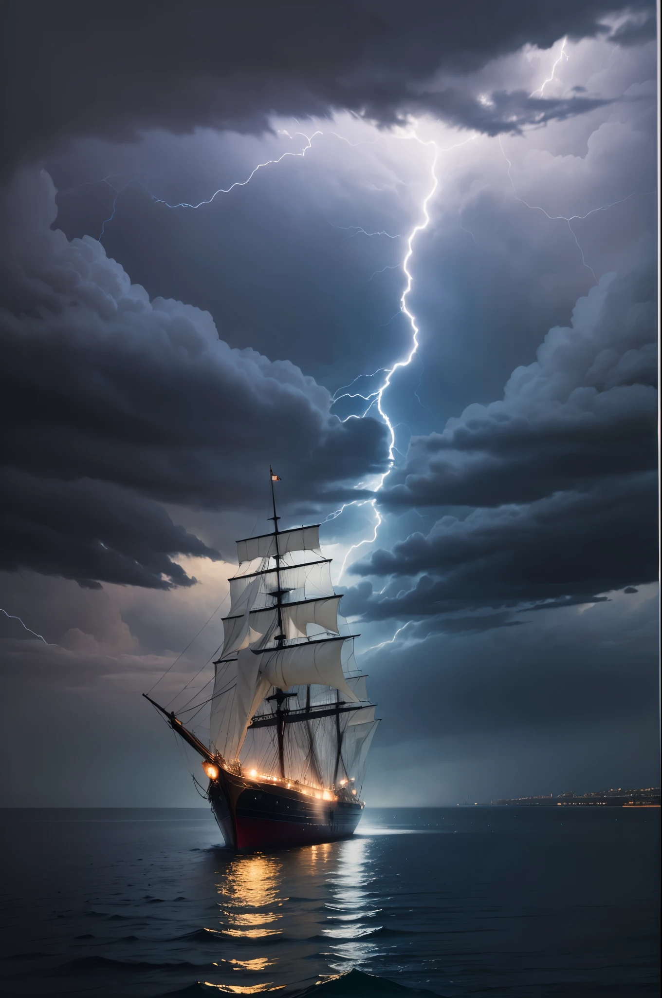 Extremely fine detail, epic high quality, insanely beautiful, overwhelming Solemnity and magnificent, sailing ship, Great storm lightning, --auto --s2