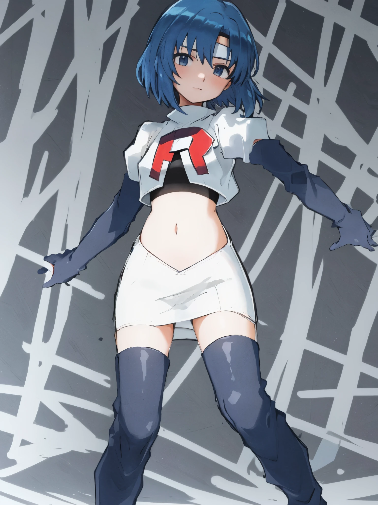catria_echoes, 1girl, solo, short hair, zettai ryouiki, headband, team rocket,team rocket uniform, red letter R, white skirt,white crop top,black thigh-highs,black elbow gloves,
