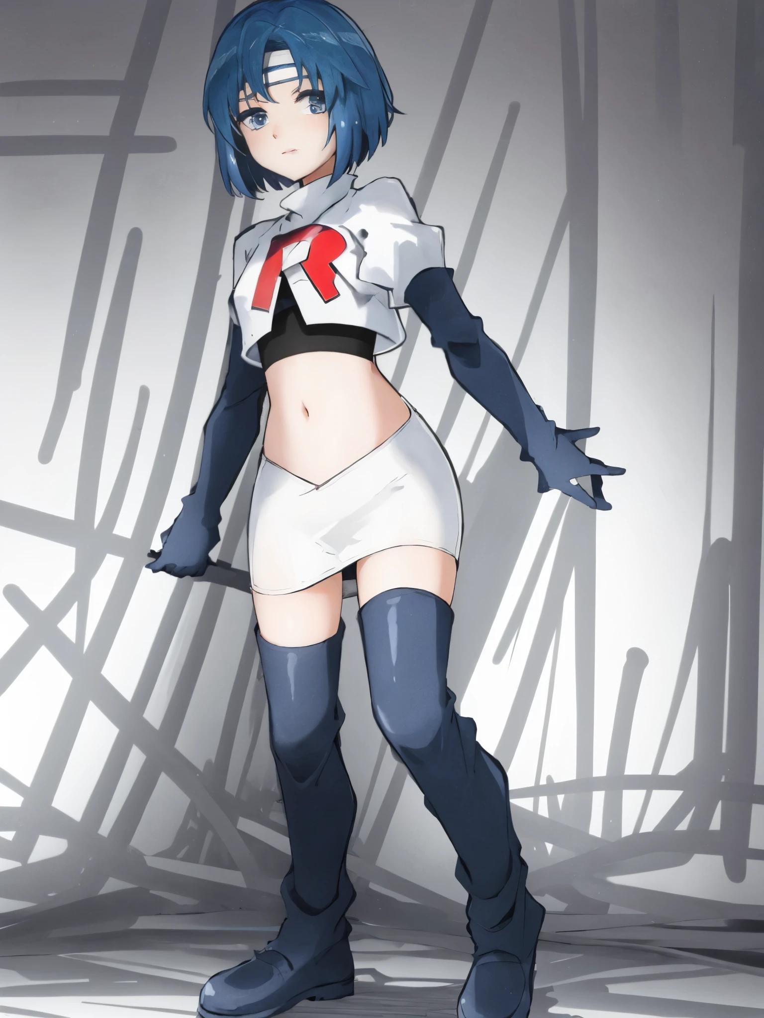 catria_echoes, 1girl, solo, short hair, zettai ryouiki, headband, team rocket,team rocket uniform, red letter R, white skirt,white crop top,black thigh-highs,black elbow gloves,