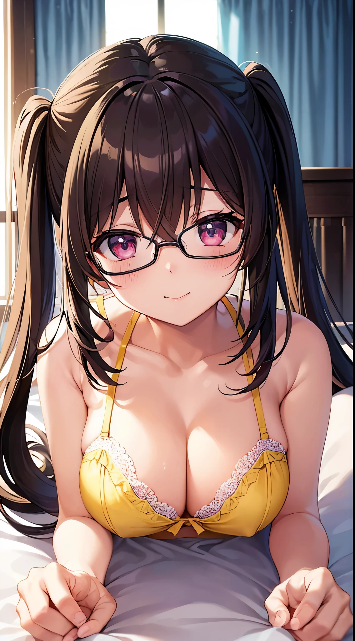 (Best Quality:1.3)、1girl in、Colossal tits、yellow bra and panties with lace、Lying on your back in bed、pink twintails、eye glass、Shyness、Cute anime illustration、Kamimei、