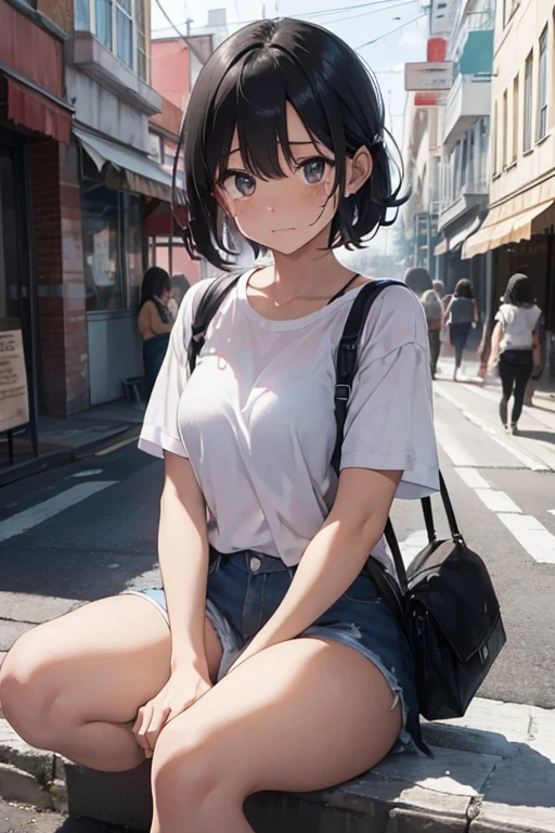 woman, white torn shirt, on the streets, sitting, crying, short black hair, homeless, sad