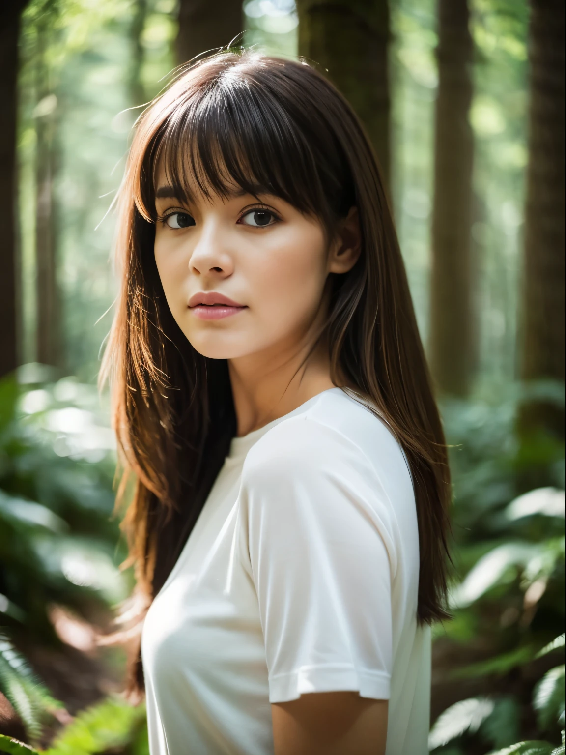 Arms at sides, Portrait, gros-plan, looking in camera, Best Quality, Upper body, Shirt, Woman in the Forest, EricaCampbell, nikon d850 film stock photograph 4 kodak 400 camera f1.6 lens rich colors hyper realistic lifelike texture natural lighting trending on artstation cinestill 800, (100mm lens), Long hair
