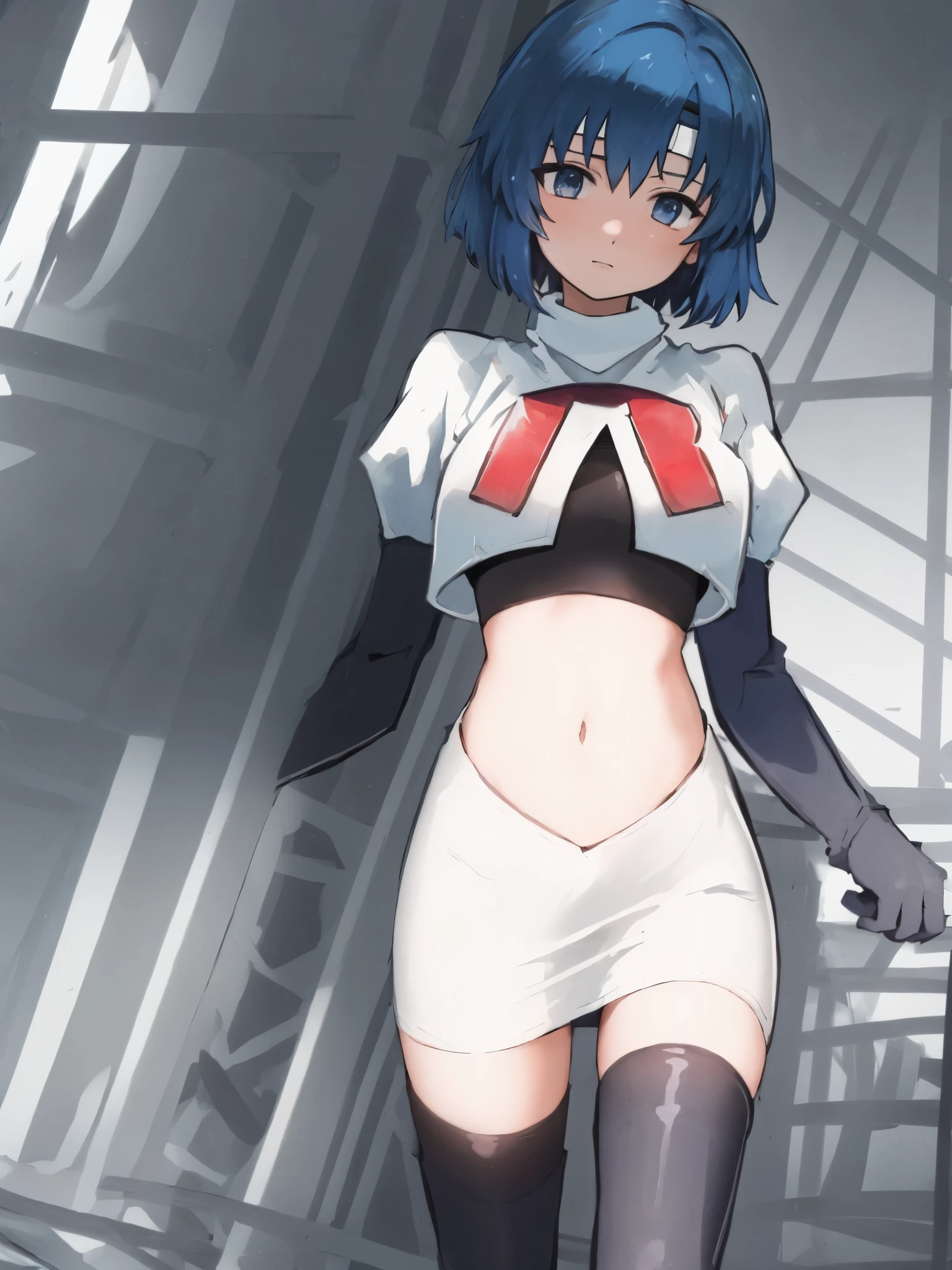 catria_echoes, 1girl, solo, short hair, zettai ryouiki, headband, team rocket,team rocket uniform, red letter R, white skirt,white crop top,black thigh-highs,black elbow gloves,
