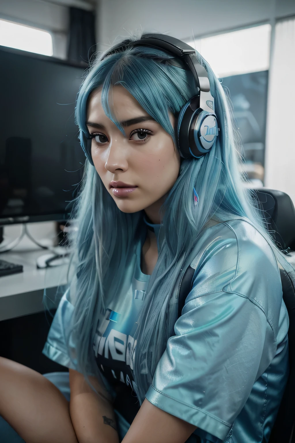 a woman with light blue hair posing for a picture sitting on a gaming chair with a gaming set on the background, wearing headset, portrait,  photorealistic, best quality, hyper detailed, light iridescent hair color, katherine mcnamara inspired, sakimichan frank franzzeta, olivia culpo, dua lipa, magdalena radziej, sophie mudd