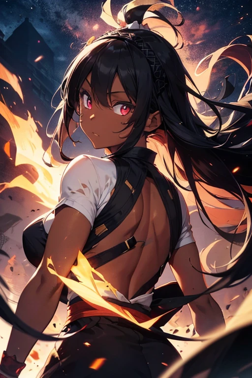 black skin, headband, woman fighter, back long hair, glowing eyes, torn kimono in shreds