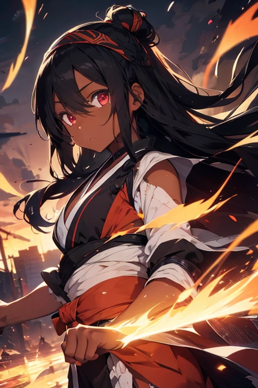 black skin, headband, woman fighter, back long hair, glowing eyes, torn kimono in shreds