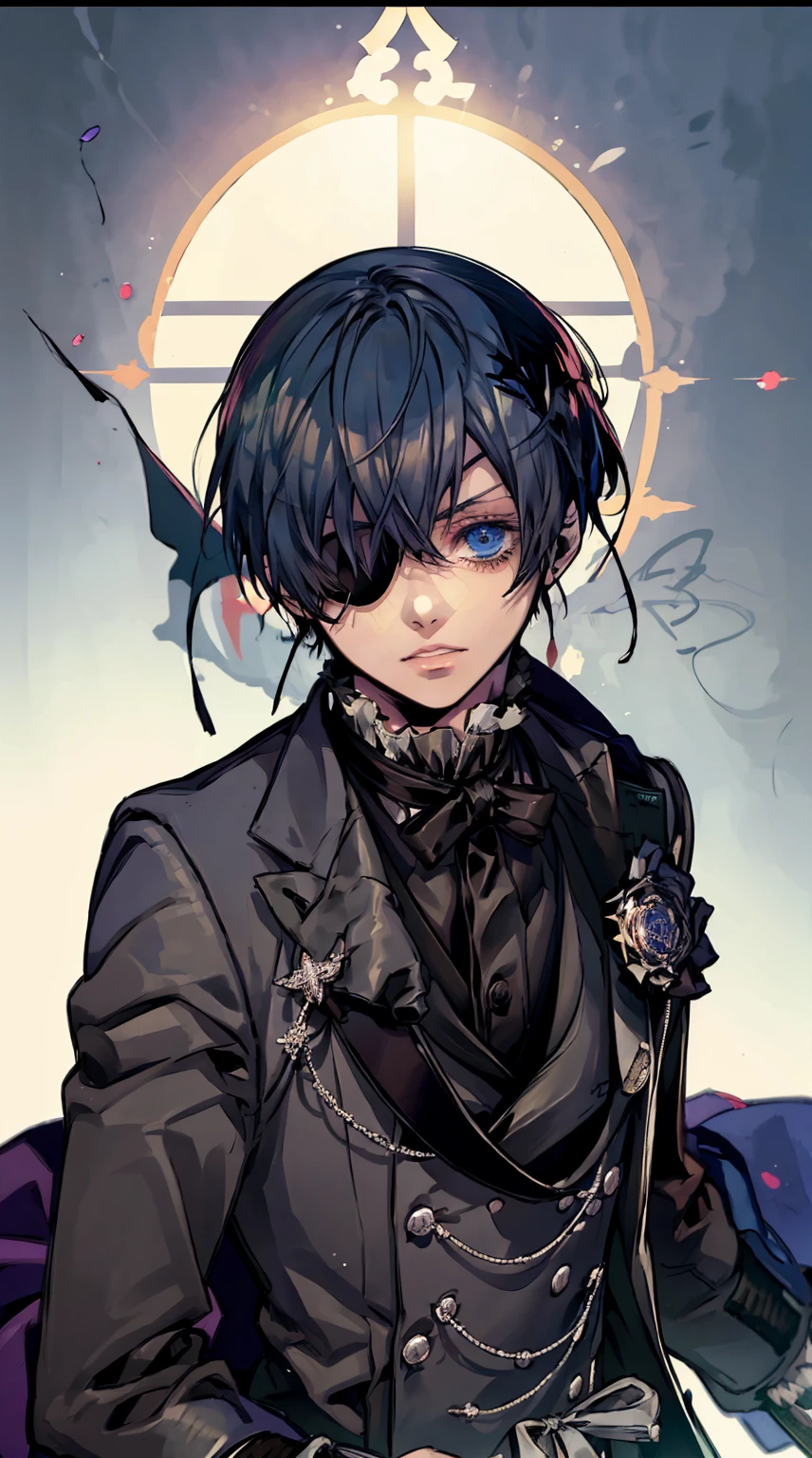(Ciel Phantomhive,Kuroshitsuji),1boy, eyepatch on left eye,male photo, elegant,best quality, (masterpiece:1.2),ultra detailed