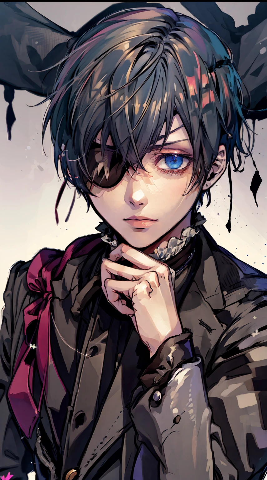 (Ciel Phantomhive,Kuroshitsuji),1boy, eyepatch on left eye,male photo, elegant,best quality, (masterpiece:1.2),ultra detailed