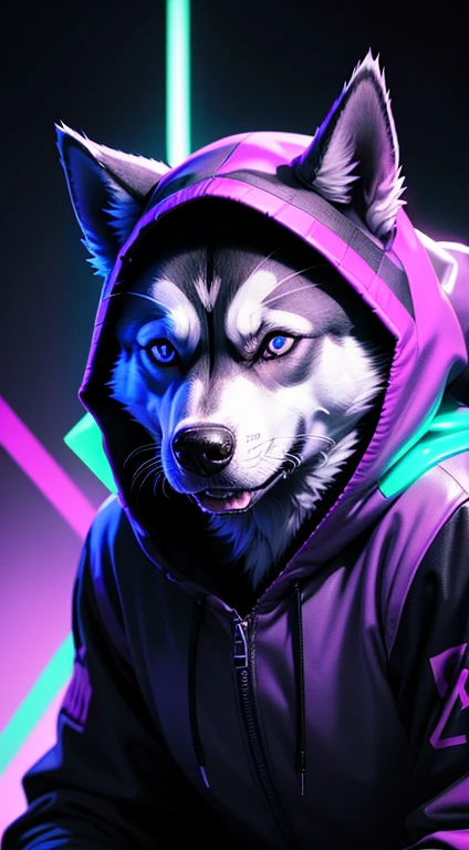 a husky dog in a hoodie with a neon on, ghost neon, neon and dark, profile picture 1024px, background artwork, dark art style, neon cyberpunk, evil smile and glowing eyes, synthwave art, neon noir, cyberpunk art style, scary style, bright cyberpunk glow, neon digital art, wallpaper 4k, wallpaper 4 k