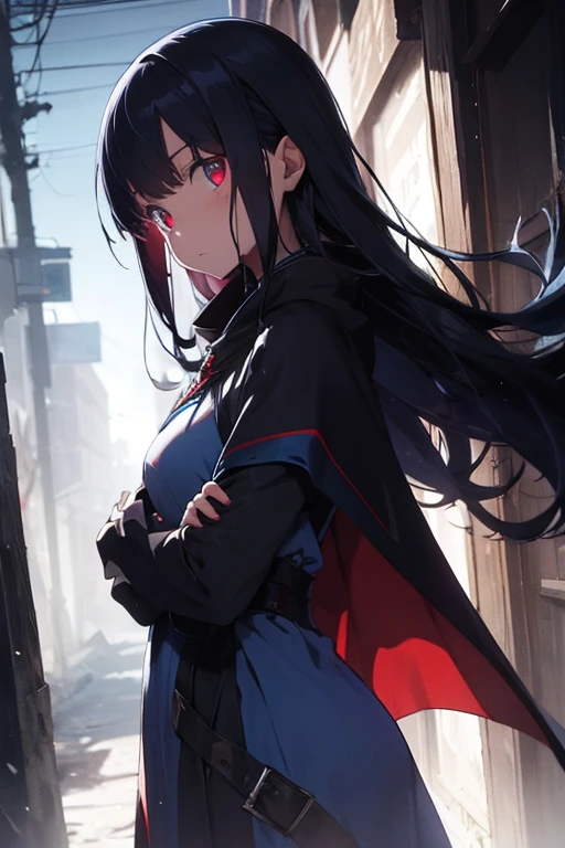 long dark blue wizard dress, blue cape, serious, red glowing eyes, long black hair, dark aura