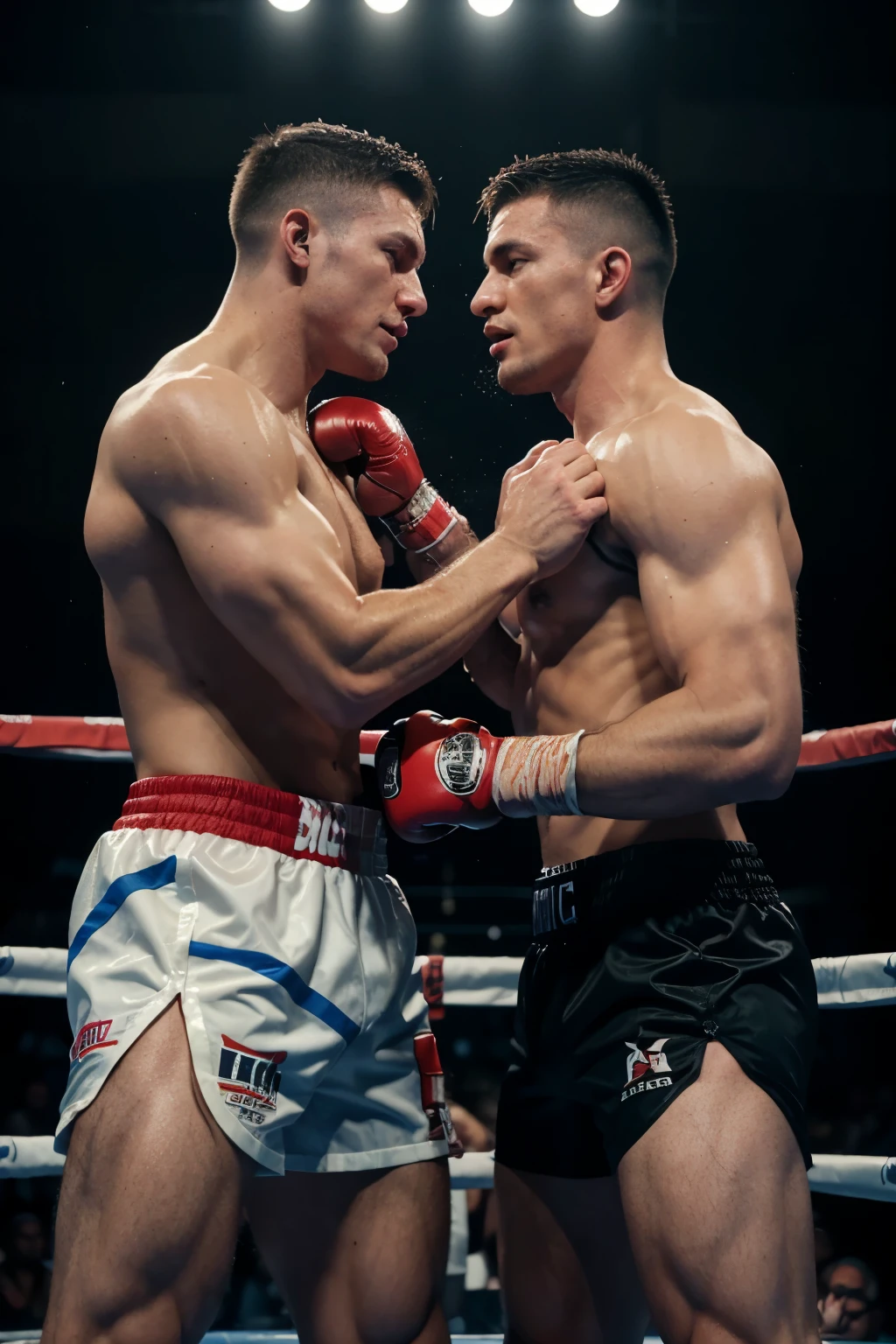 there are two men in boxers standing next to each other, boxing match, boxing, in a boxing ring, homoerotic!, muscular men entwined together, greg rutkowski and jakub rebelka, two muscular men entwined, homoerotic!!, mert and marcus, fighters, inspired by Brothers Hildebrandt, inspired by the Brothers Hildebrandt, clowns boxing