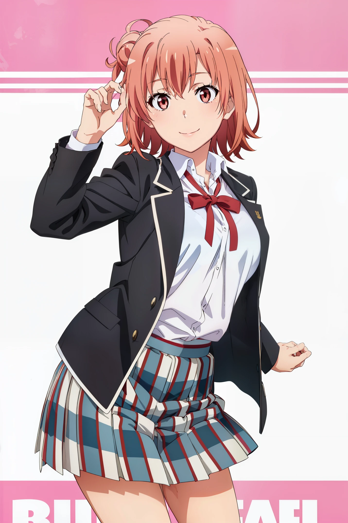 Best quality, masterpiece, highres, 1girl, Yuigahama yui, school uniform, Plaited skirt, short hair, red ribbon, white shirt, black jacket, big boobs, Standing, smile, school background, waltz dance