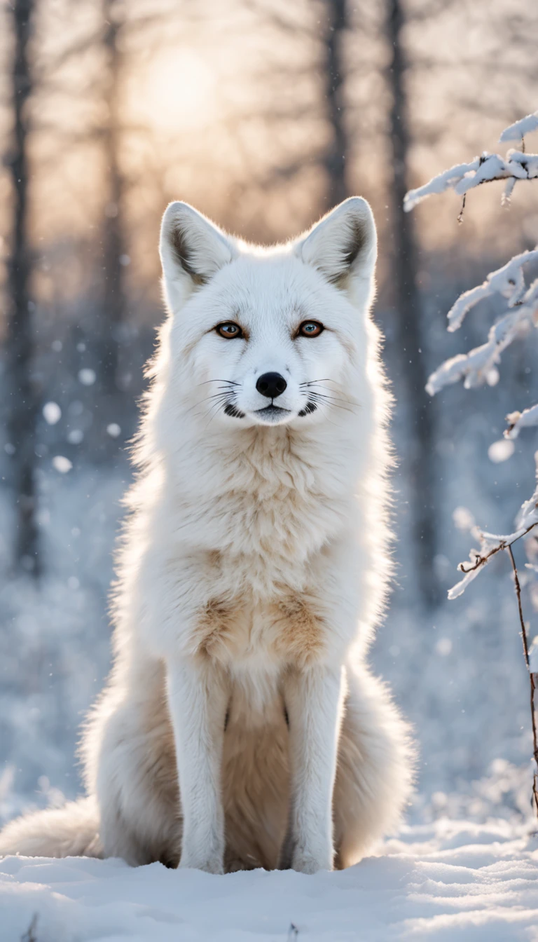 White fox,solo, animal photo, in the winter field, snow,best quality, masterpiece,ultra detailed
