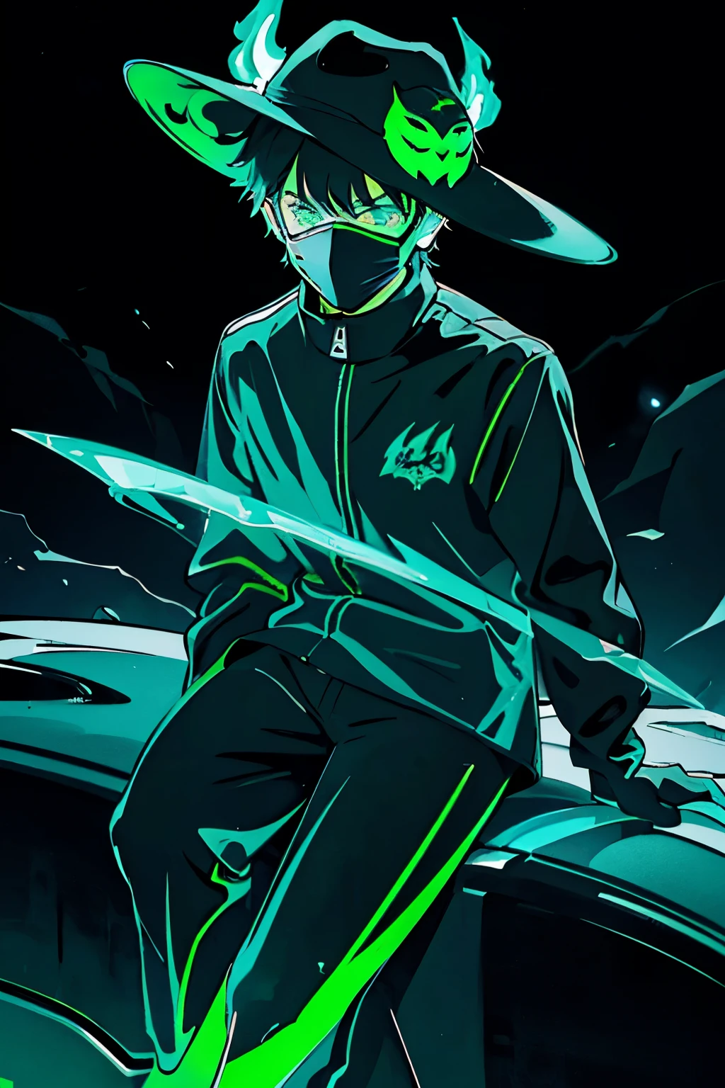 landscape photograph of a boy sitting on a car hood with lighting from the background, however the scene is in black and white except for the flames of the campfire the boy is wearing a cybernetic suit with rays and green neon lights being emitted while wearing a hat black hunter and a mask that has an owl printed on it covering his entire face