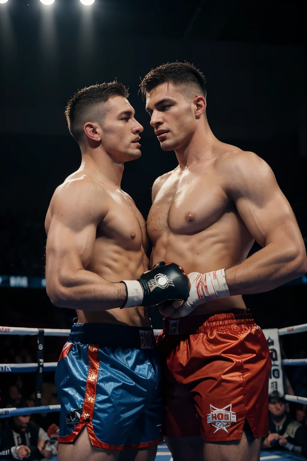 there are two men in boxers standing next to each other, boxing match, boxing, in a boxing ring, homoerotic!, muscular men entwined together, greg rutkowski and jakub rebelka, two muscular men entwined, homoerotic!!, mert and marcus, fighters, inspired by Brothers Hildebrandt, inspired by the Brothers Hildebrandt, clowns boxing