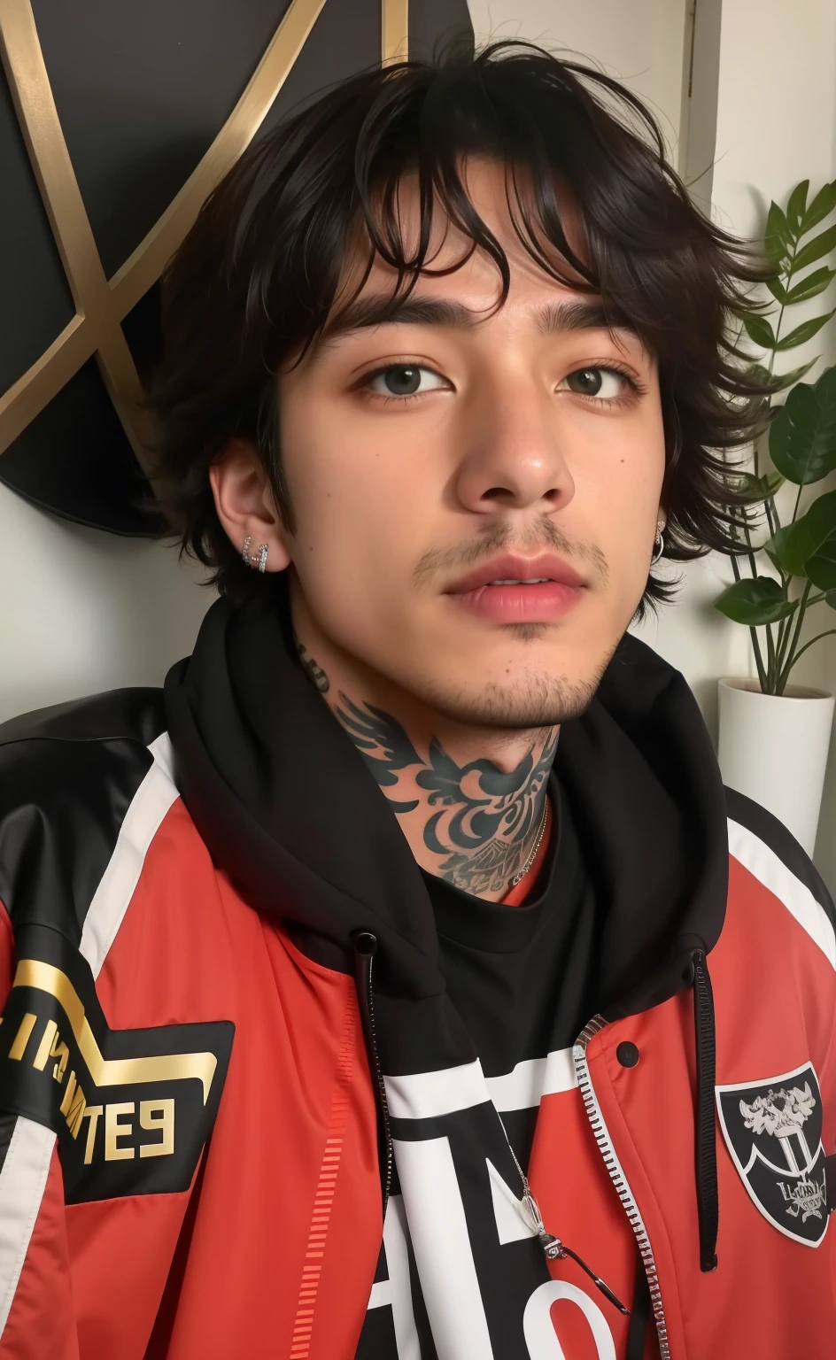 taehyung from bts with tattoo on his neck and jacket, Lil Peep, inspirado por Oliver Sykes, Estilo de Seb McKinnon, ele tem cabelos castanhos curtos e cacheados, Michael Angelo inspirado, taken in the early 2020s, imagem de perfil, foto do perfil, foto do perfil, foto do perfil, mateus 9 5, piercing stare, Streamer do Twitch / Jogador Ludwig