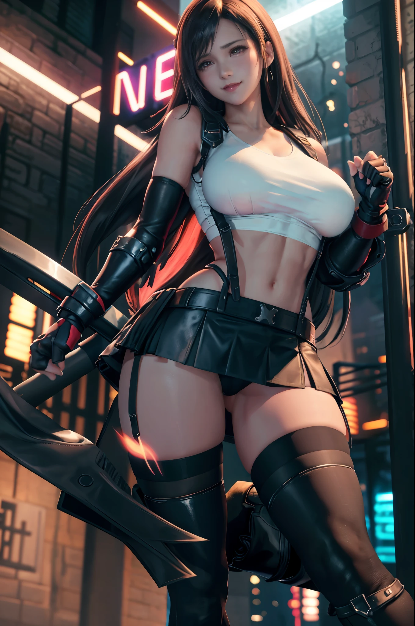 (8k, best quality, masterpiece:1.2), (realistic, photo-realistic), ultra-detailed, 1 girl,cute, solo, (tifa lockhart), (huge breasts), (smile:1.2), (closed mouth), erotic pose, posing, neon lights, cityscape, depth of field, depth of field, good composition, Final Fantasy VII, ankle boots, black hair, black thighhighs, red boots, elbow gloves, elbow pads, fingerless gloves, taut shirt, sports bra, (suspenders attached to skirt), thighhighs, (white tank top), full body, very long hair, ((red_eyes)), yellow flowers, (night), bokeh, cinematic lighting, nsfw, perfect breasts, sakimichan style