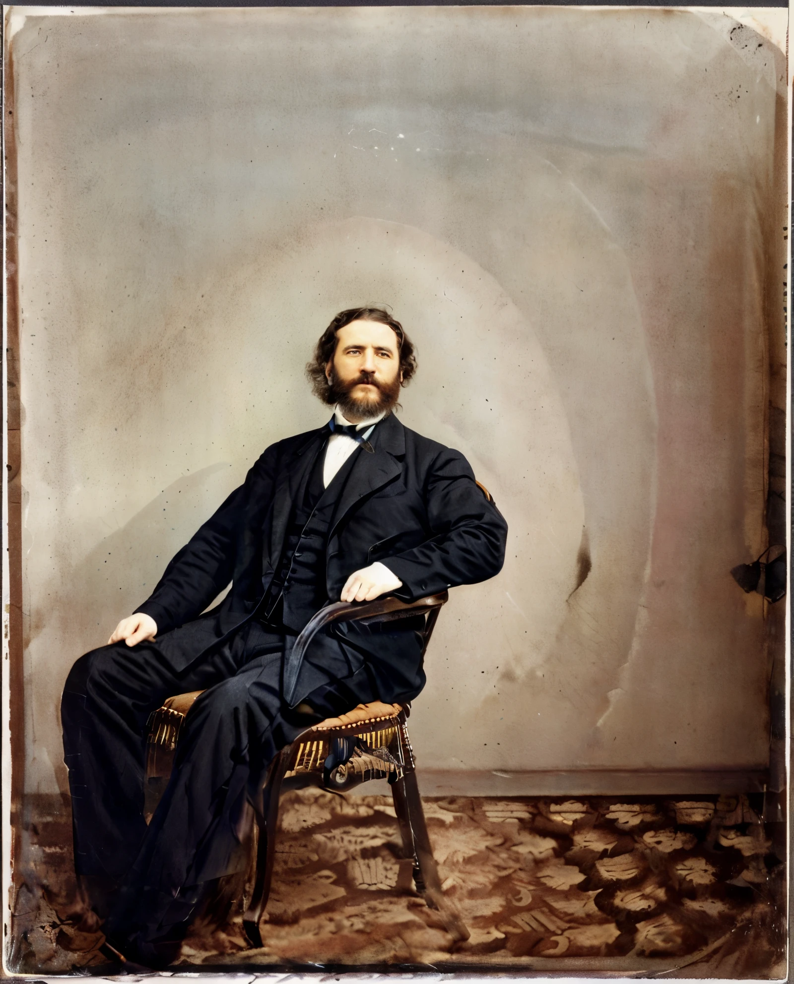 arafed man in a suit sitting in a chair with a beard, colored daguerreotype, colorized photograph, colorized photo, color photograph, portrait image, a colorized photo, colorized, autochrome pearl portrait, photo in color, hand - tinted, color image, color studio portrait, portrait photograph, old color photograph, mathew brady photo, photographic portrait