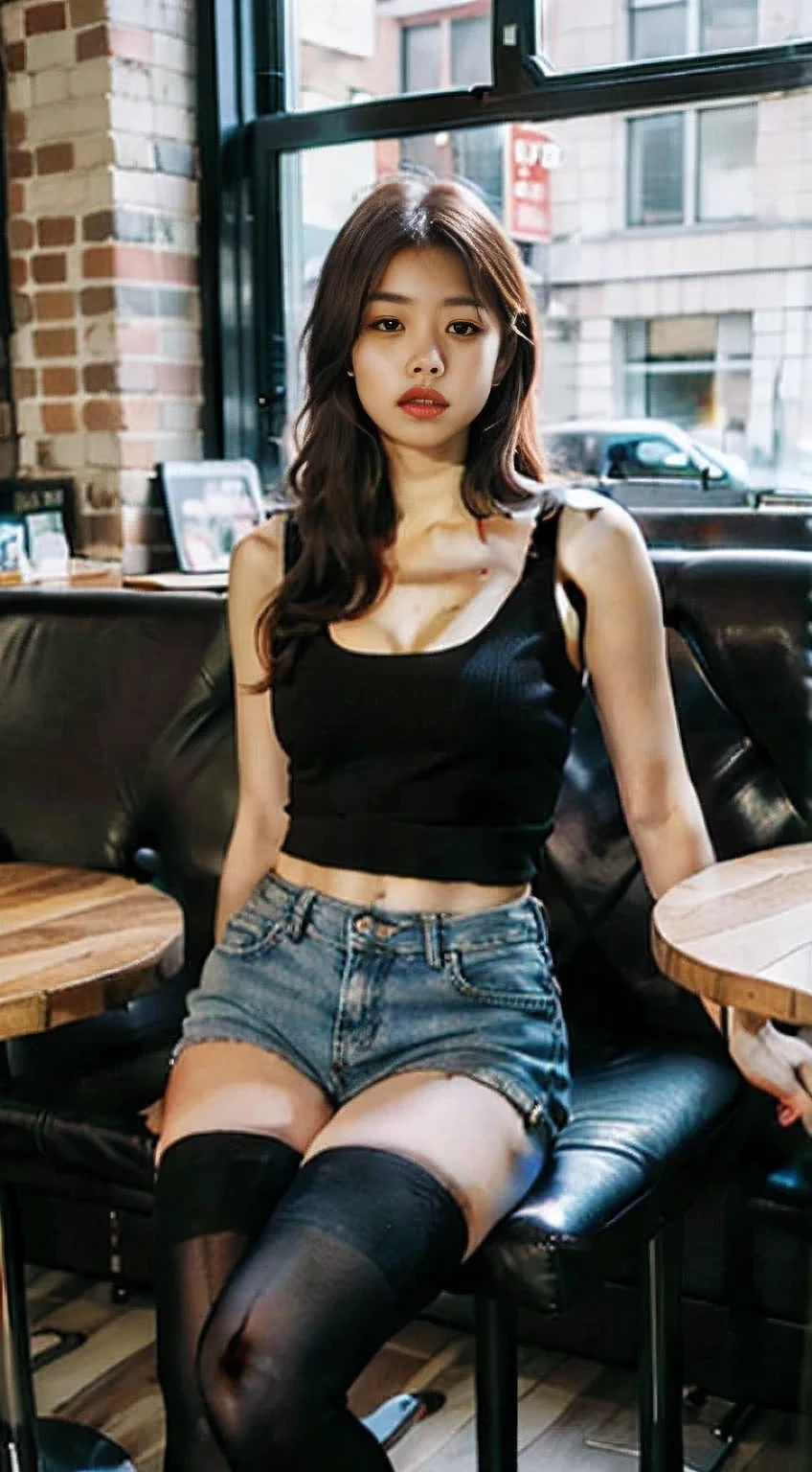 (realistic, high resolution:1.3), 1 girl with perfect figure, super fine face and eyes, long hair, tank top: 1.2 in random colors, short jeans, in a café, coffee on the table, big breasts, exposed cleavage,(20d:1.2),(thigh highs:1.4)