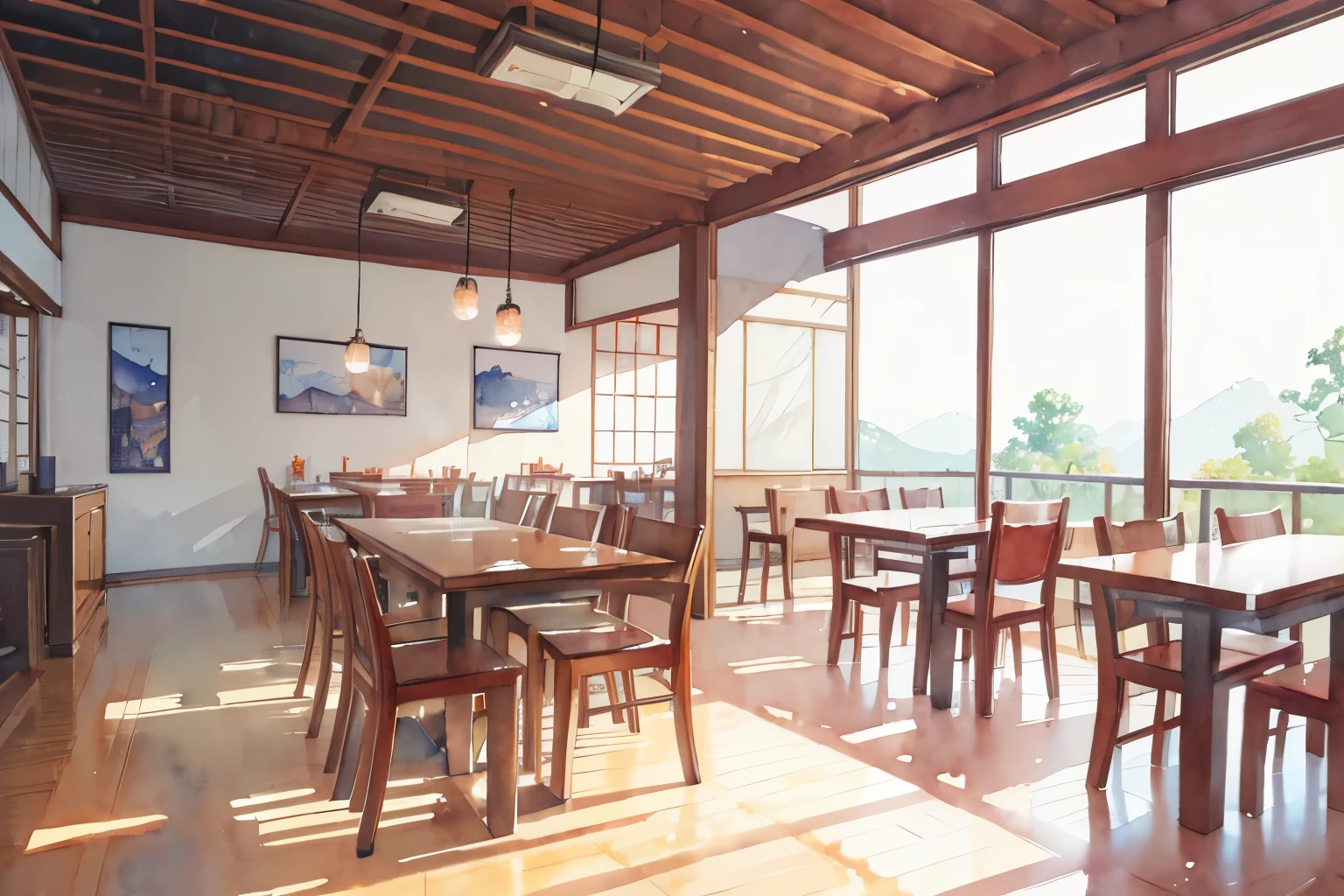 ((masutepiece)), (Professional Photography:1.2), (High Definition:1.3), Best Quality, (Watercolor painting:1.3), From Side, Wide Shot,Udon Restaurant, warm interior, ( White background:1.10), Fine splashes of pale blue ink, Calm interior with a relaxing atmosphere