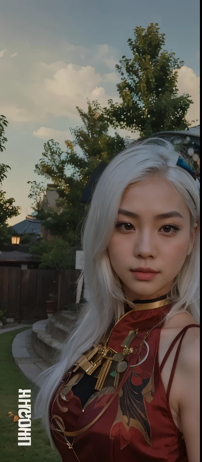 asian girl, realistic, white hair, selfie