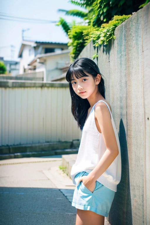 Beautiful girl wearing a light blue summer knit、japanes、terraces、sixteen years old、Spinning、White shorts、black hair very short、looks to the side、