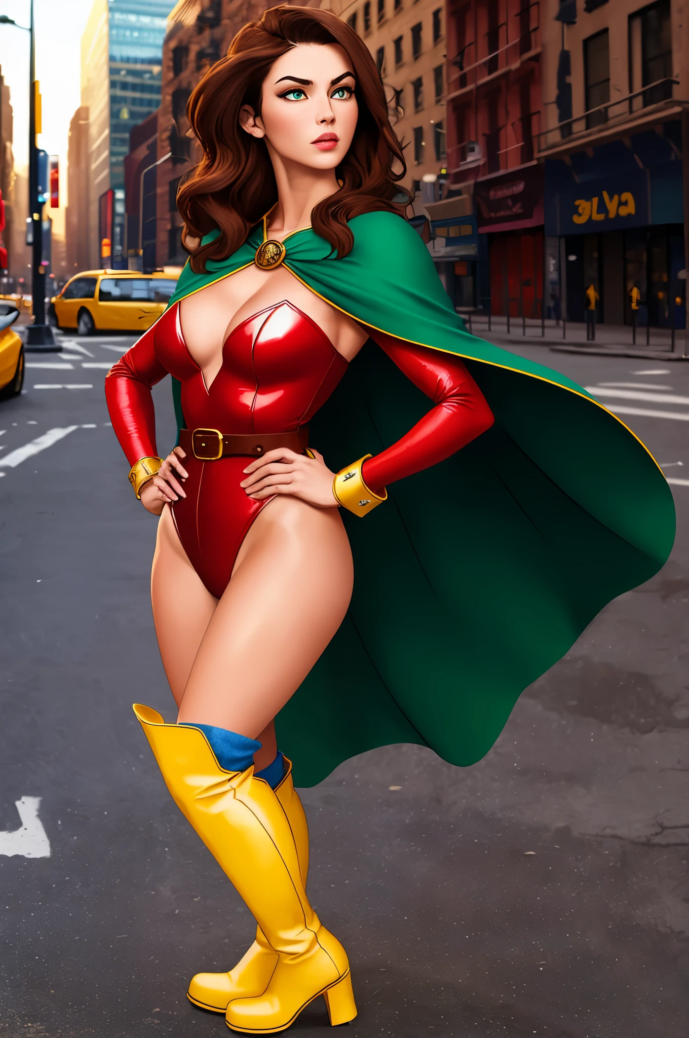 ((best quality)), ((masterpiece)), ((ultra realistic)), (dynamic heroic pose), american, beautiful detailed face, detailed eyes, sexy reporter, ((dressed in a red leotard)), new york city backdrop, highly detailed, professional, bare legs, full body), hands on hip, standing, ((brown hair, medium hair)), green eyeatching boots, tight boots, yellow boots), ((long sleeves, blue sleeves, yellow cuffs)), yellow hawk-shaped crest engraved on chest, blue cape, cowboy shot, belt
