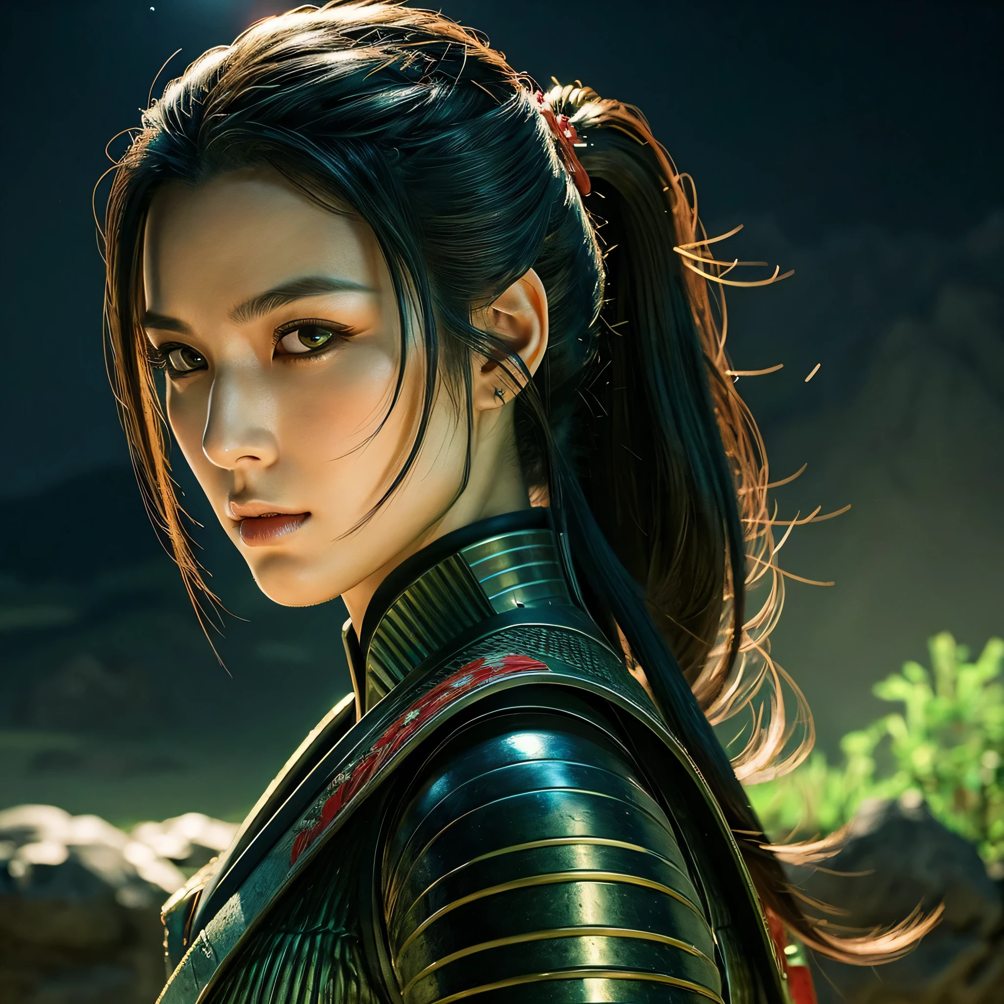 Masterpiece, best quality:1.2, hyper-realistic:1.4, super detailed, a samurai woman long ponytail without helmet,short armor, green eyes,black hair, Mountain,full Moon,night fog:1.4