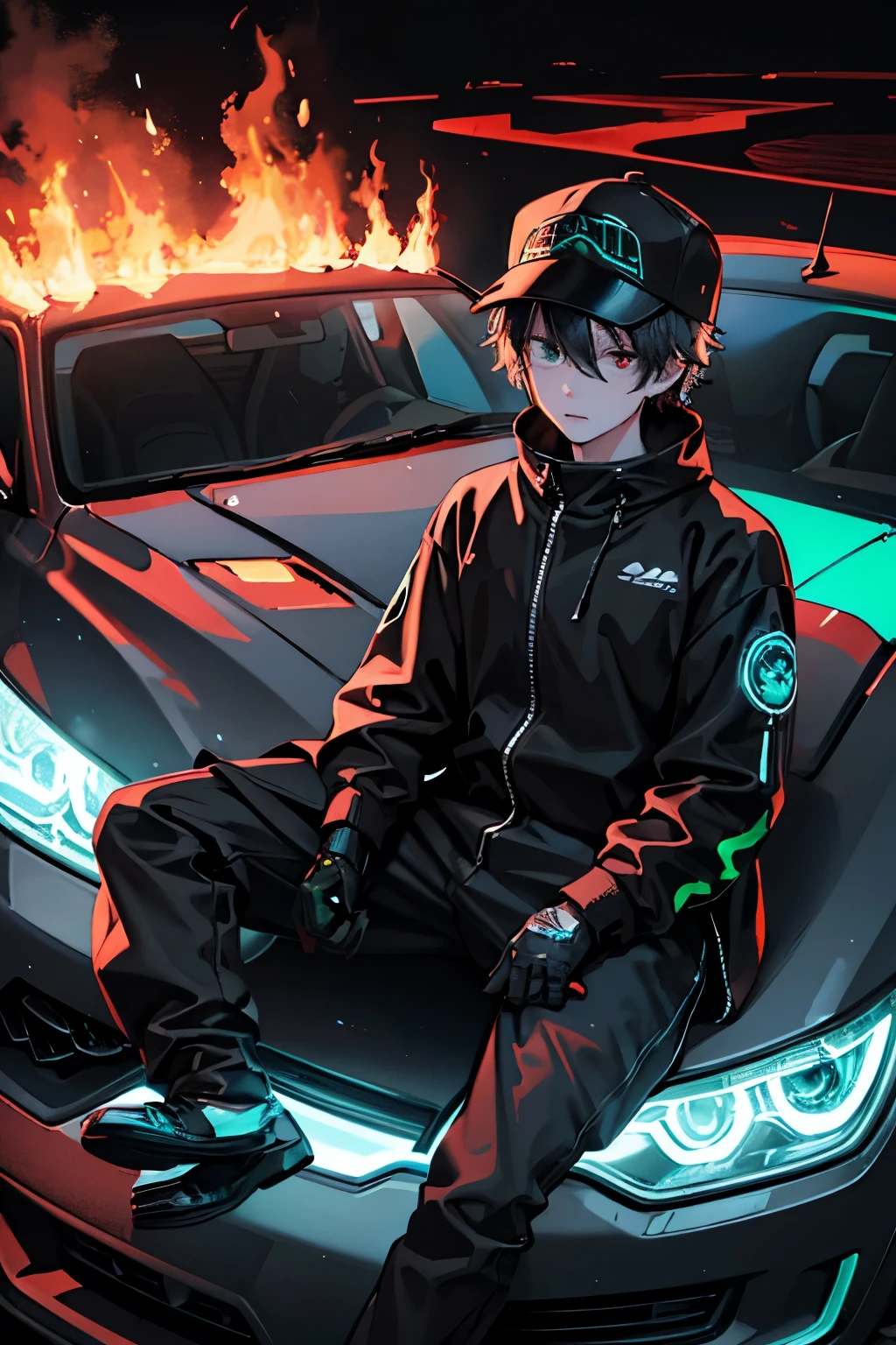 landscape photograph of a boy sitting on a car hood with lighting from the background, however the scene is in black and white except for the flames of the campfire the boy is wearing a cybernetic suit with rays and green neon lights being emitted while wearing a hat black hunter and a mask that has an owl printed on it covering his entire face