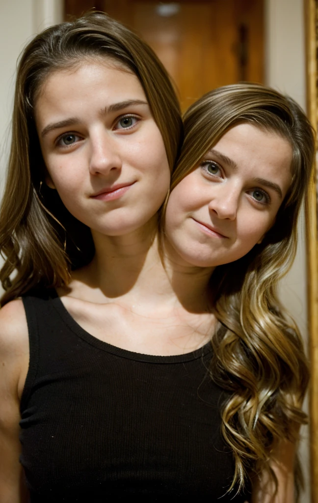 2heads, (two headed girl:1.5), ( girl and a 12 year old (brunette and blonde:1.3), (uncomfortable and upset:1.3)