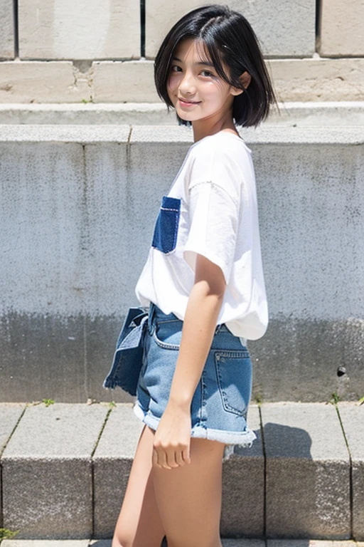 masterpiece, best quality,1girl, solo, shirt, denim, white shirt, skirt, hat, bag, blue headwear, shoes, arm up, standing, brown hair, belt, holding, shirt tucked in, sleeveless, sneakers, denim skirt, sleeveless shirt, medium hair, black hair, black footwear, holding bag, long hair, wall, short sleeves, looking at viewer
